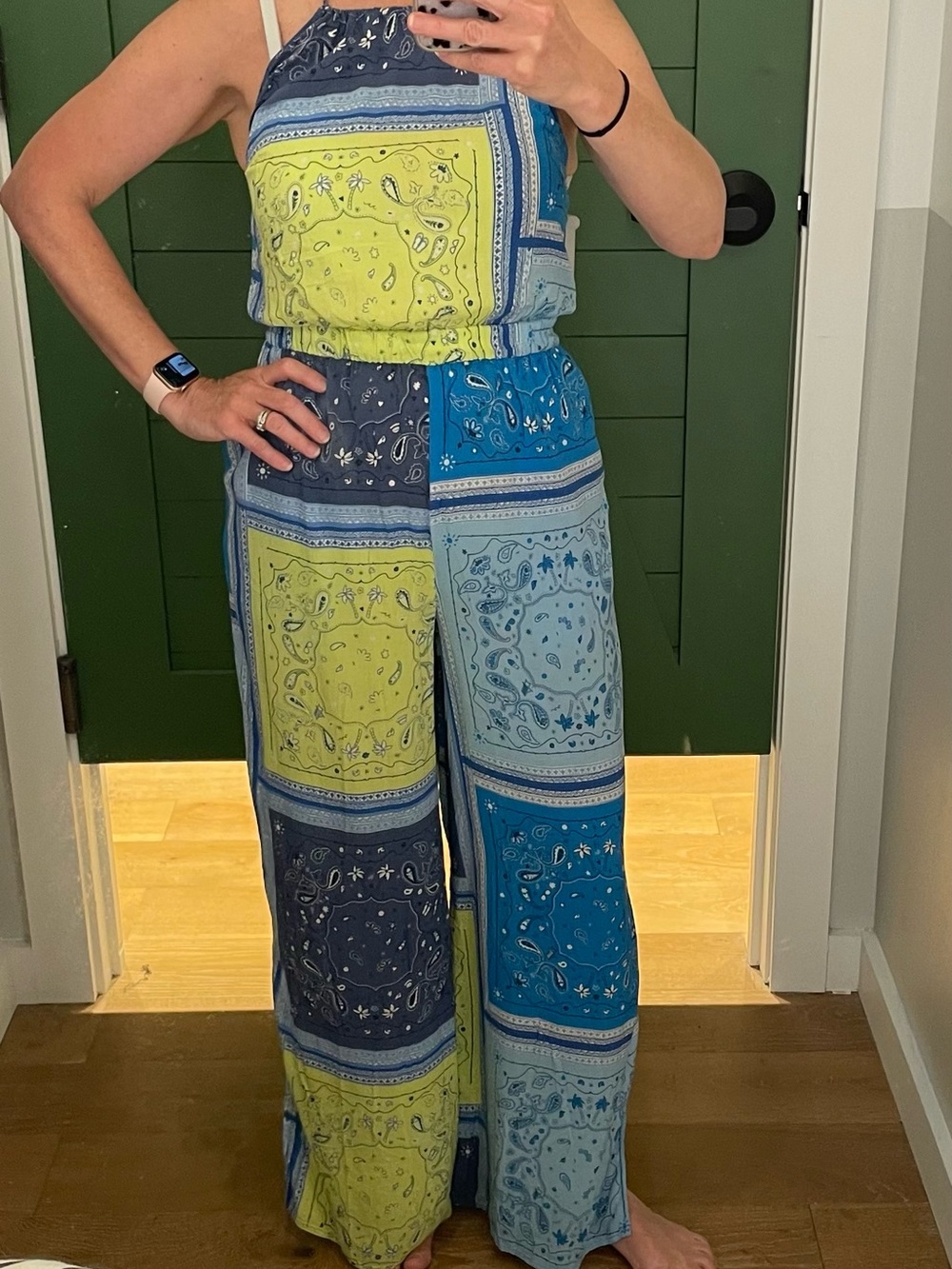 aerie Multi-Blue and Lime Bandana-Print Wide-Leg Halter Jumpsuit